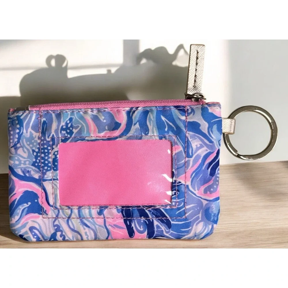 Lilly Pulitzer Wallet Pink Blue Zip ID Case Gold Tone Keychain Card Holder‎